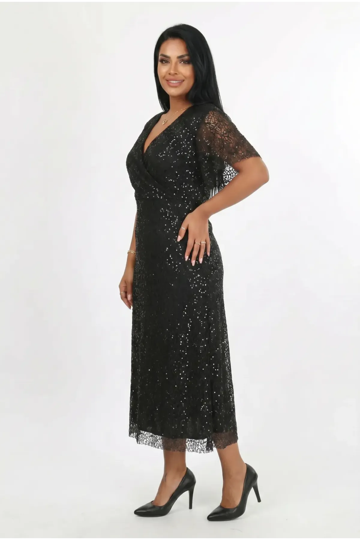 Kadın Siyah Büyük Beden Kruvaze Yaka Payetli Abiye Elbise HZL26S-PR11171