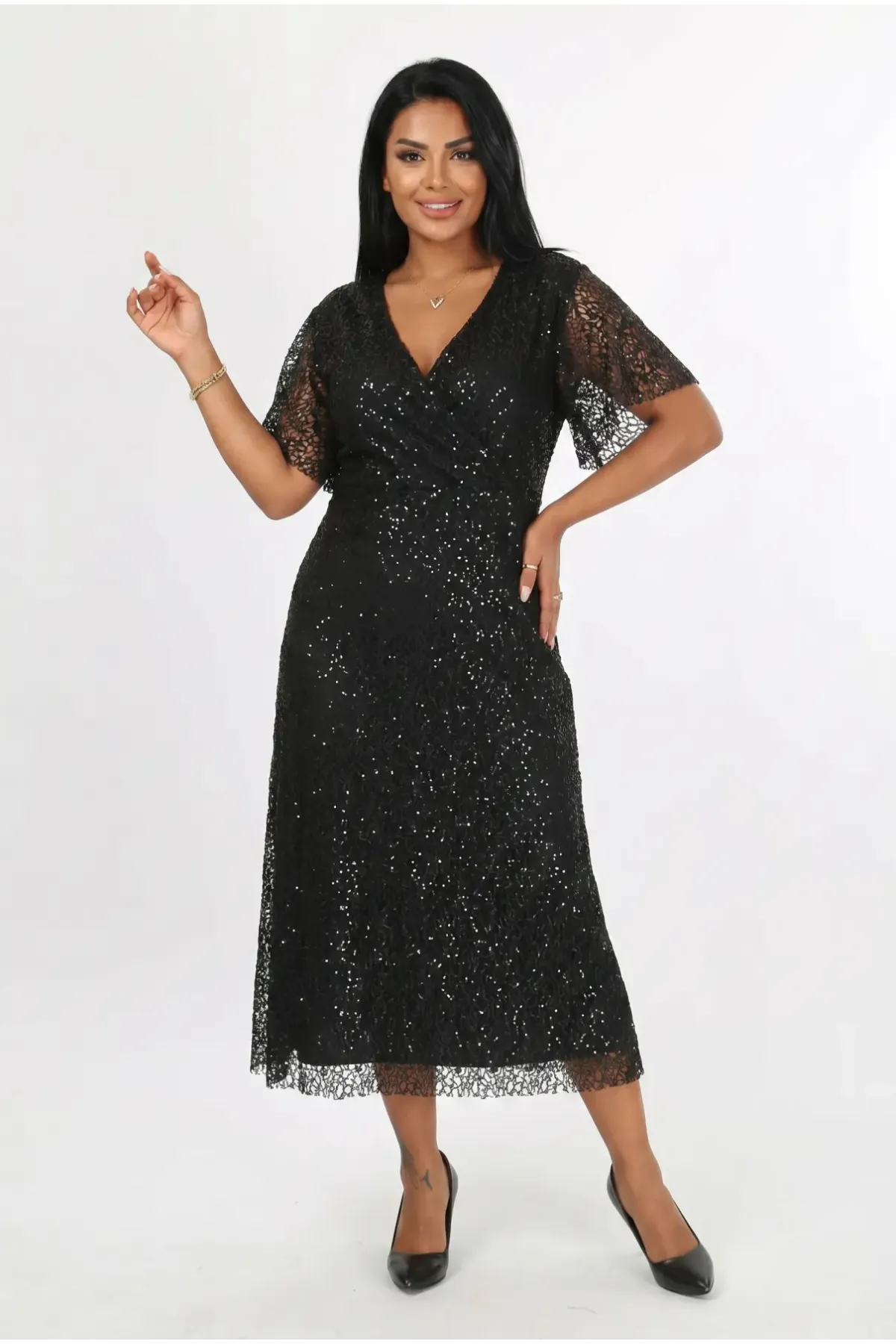 Kadın Siyah Büyük Beden Kruvaze Yaka Payetli Abiye Elbise HZL26S-PR11171
