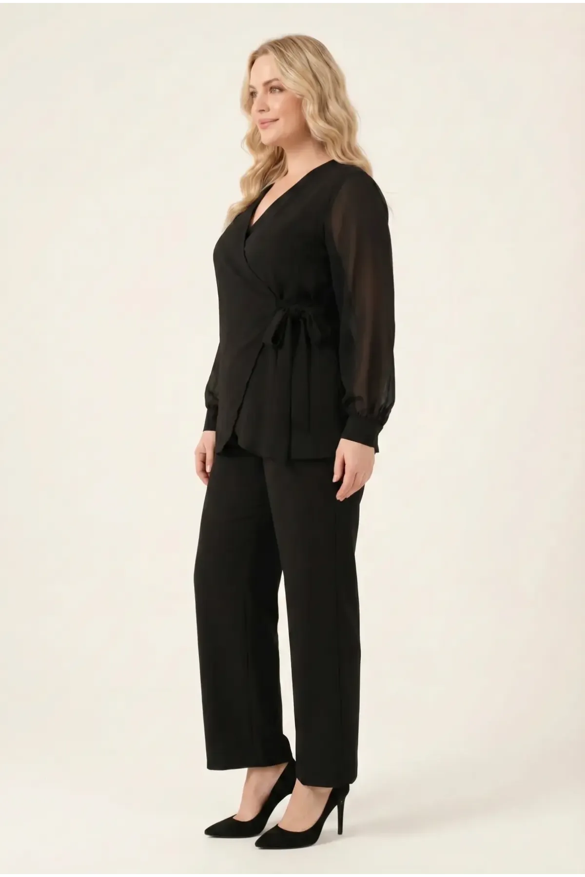 Kadın Siyah Büyük Beden Şifon Kol Pantolon Bluz Abiye Takım HZL26W-PR10081