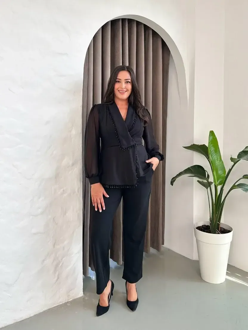 Kadın Siyah Büyük Beden Taş İşlemeli Şifon Kol Alt Üst Abiye Takım HZL26S-PR10151