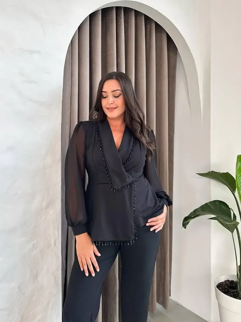 Kadın Siyah Büyük Beden Taş İşlemeli Şifon Kol Alt Üst Abiye Takım HZL26S-PR10151