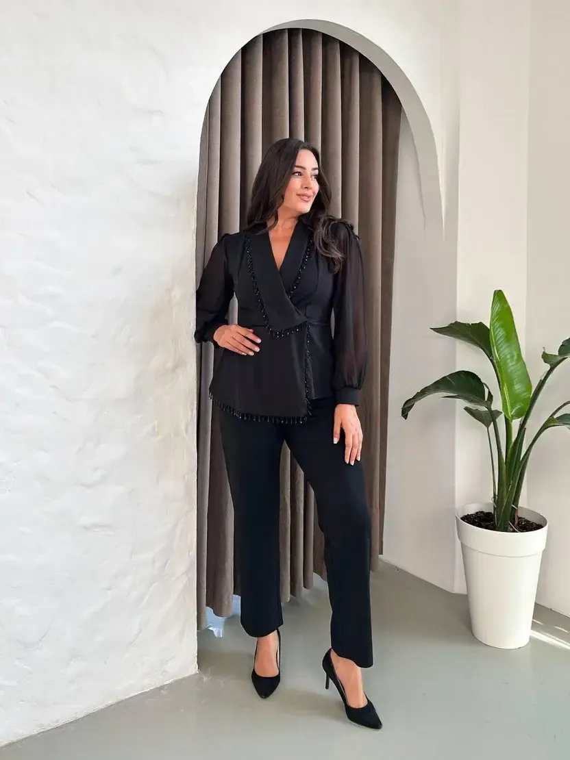 Kadın Siyah Büyük Beden Taş İşlemeli Şifon Kol Alt Üst Abiye Takım HZL26S-PR10151