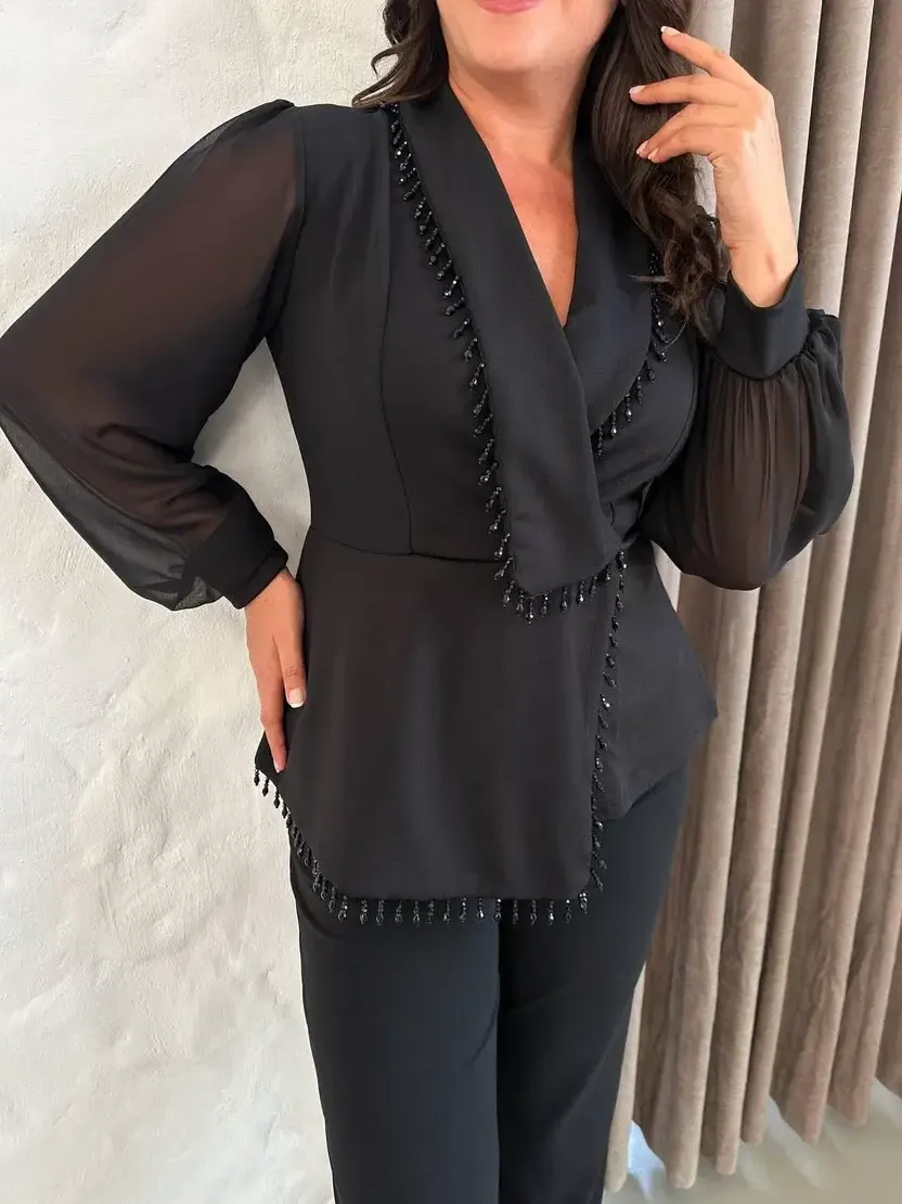 Kadın Siyah Büyük Beden Taş İşlemeli Şifon Kol Alt Üst Abiye Takım HZL26S-PR10151