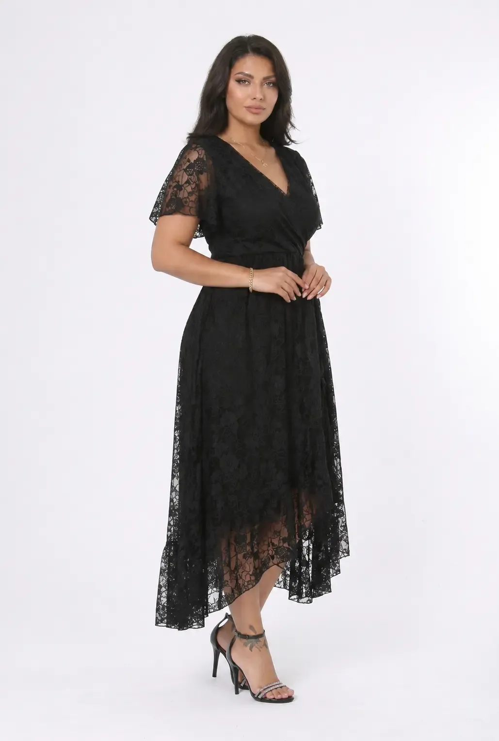 Kadın Siyah Büyük Beden V Yaka Astarlı Dantel Detaylı Şık Abiye Elbise HZL26S-PR11071