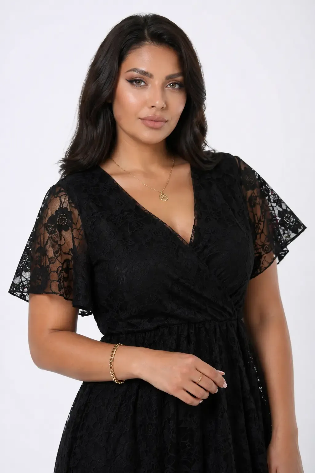 Kadın Siyah Büyük Beden V Yaka Astarlı Dantel Detaylı Şık Abiye Elbise HZL26S-PR11071