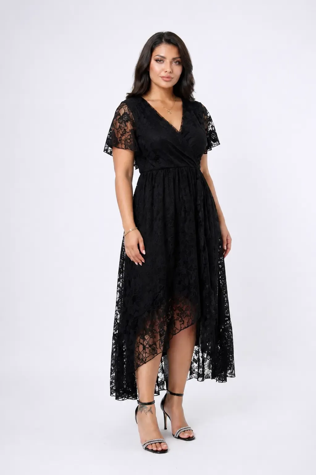 Kadın Siyah Büyük Beden V Yaka Astarlı Dantel Detaylı Şık Abiye Elbise HZL26S-PR11071