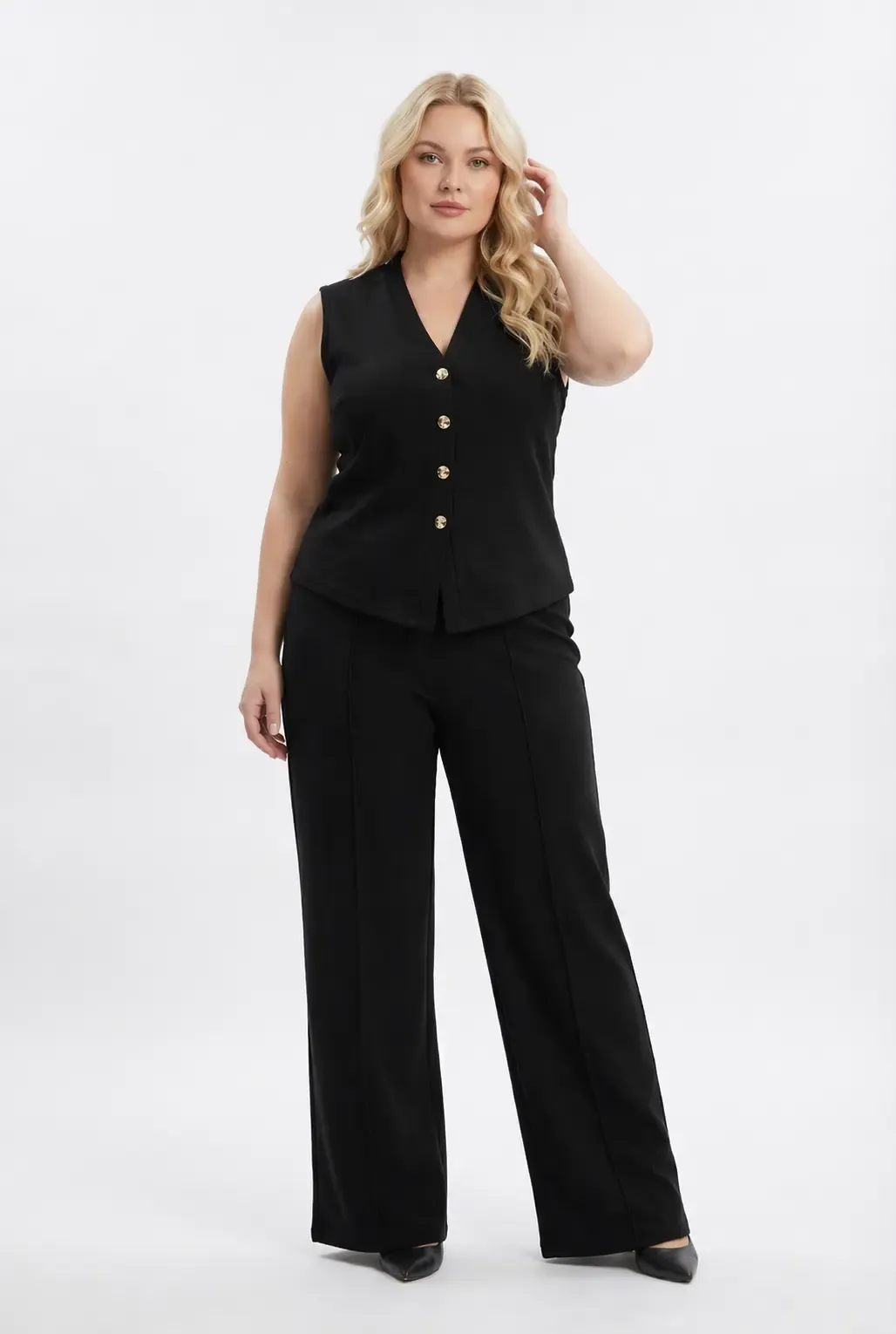 Kadın Siyah Büyük Beden V Yaka Yelek Pantolon İkili Takım HZL26S-PR12131