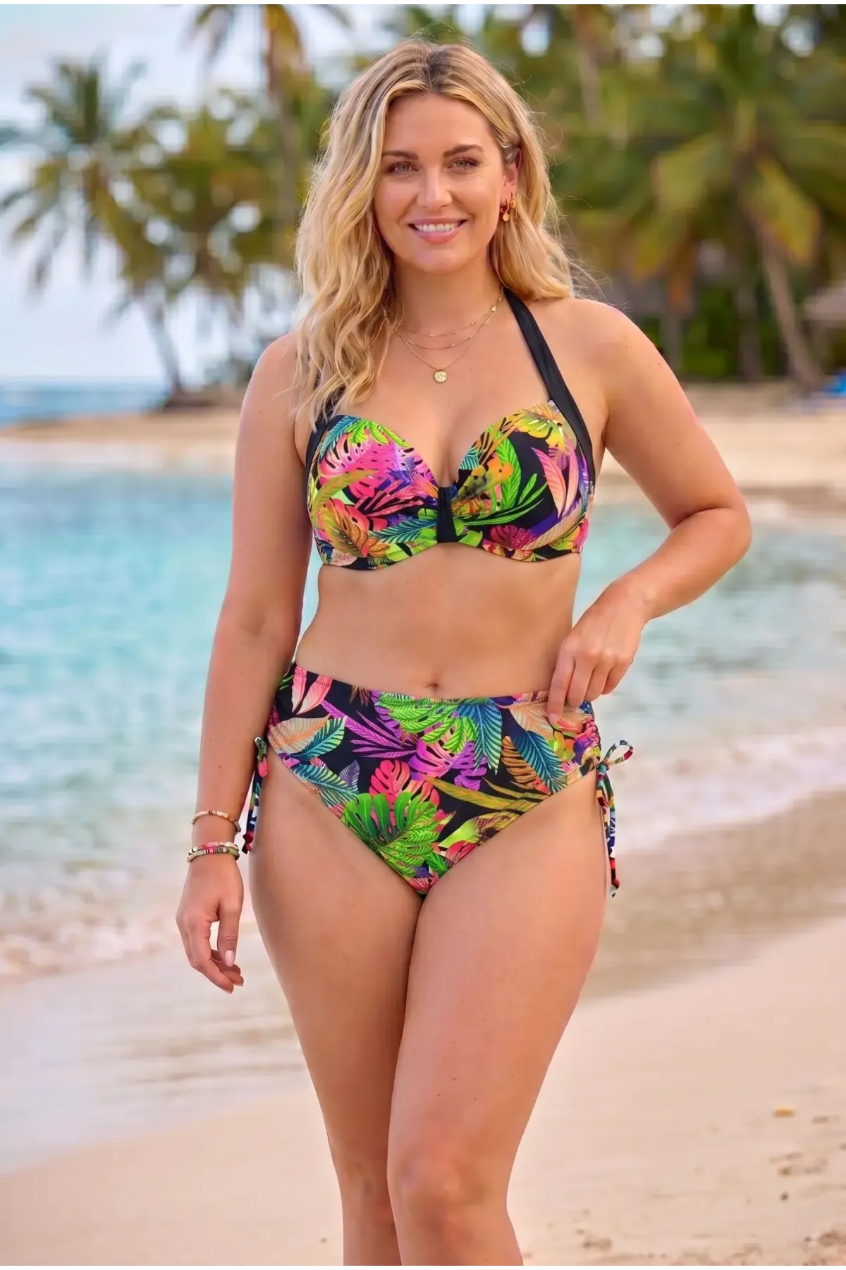 Kadın Siyah Tropikal Yaprak Desenli Toparlayıcı Büyük Beden Bikini Takımı HZL26S-LC3342