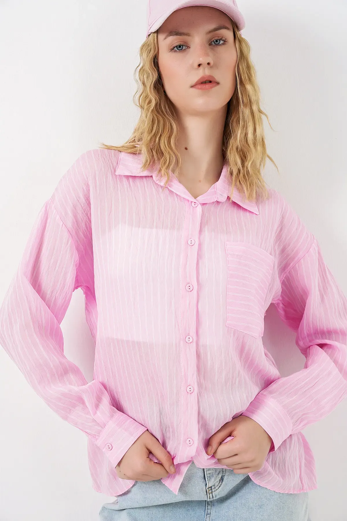 Kadın Tek Cepli Çizgili Oversize Gömlek 20375 - Pembe