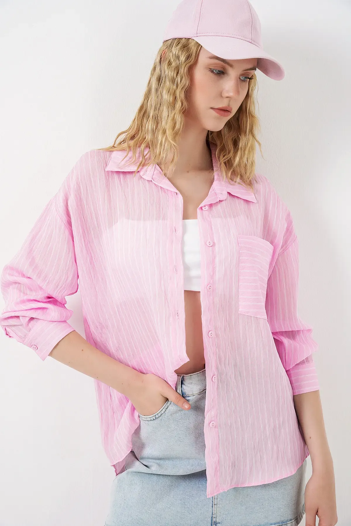 Kadın Tek Cepli Çizgili Oversize Gömlek 20375 - Pembe