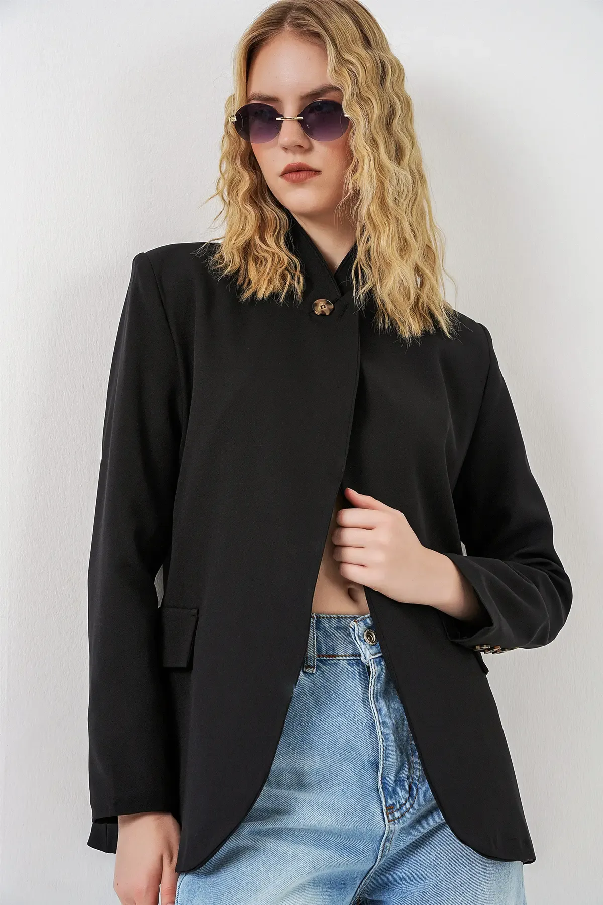 Kadın Tek Düğmeli Oversize Blazer Ceket 0749 - Siyah