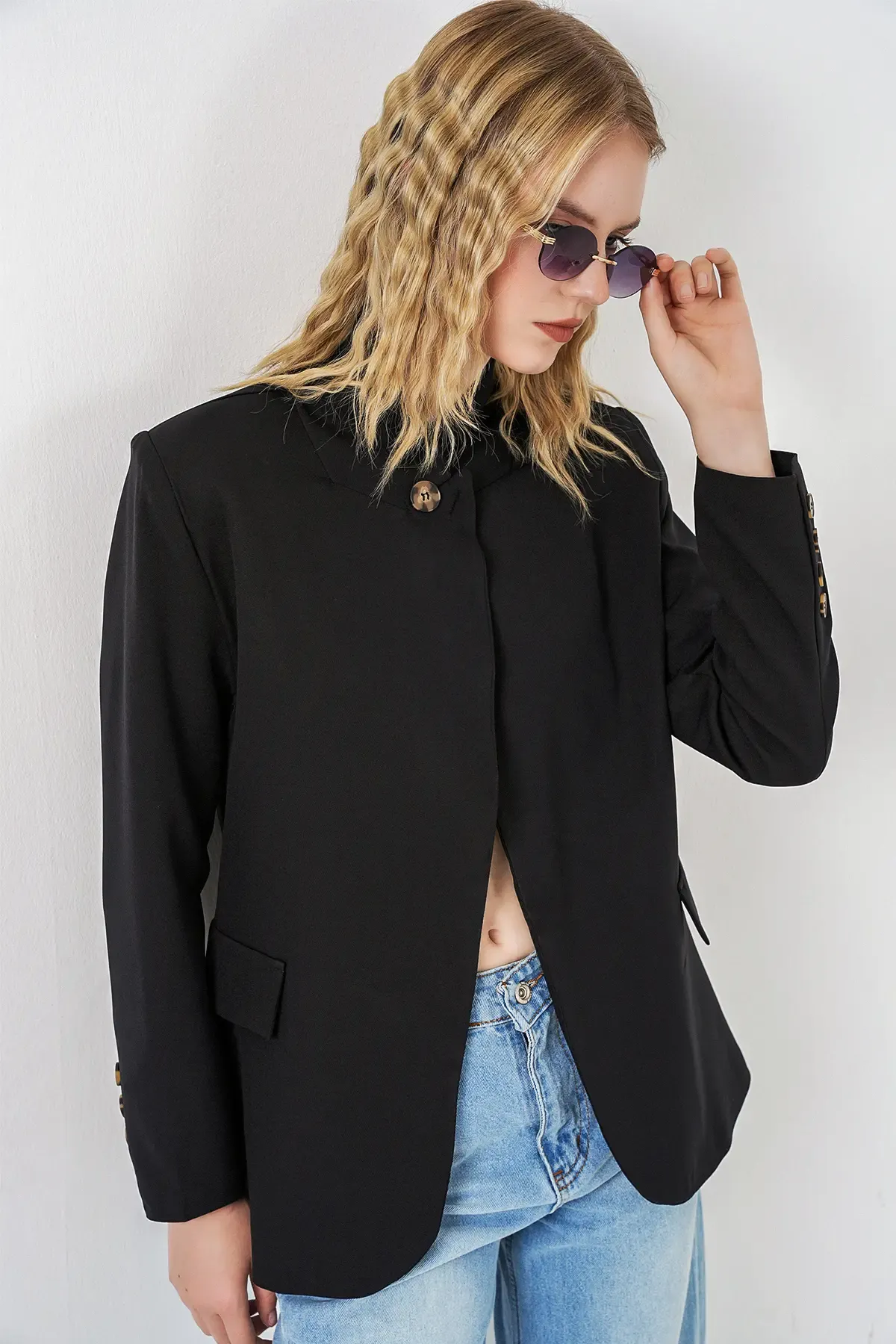 Kadın Tek Düğmeli Oversize Blazer Ceket 0749 - Siyah