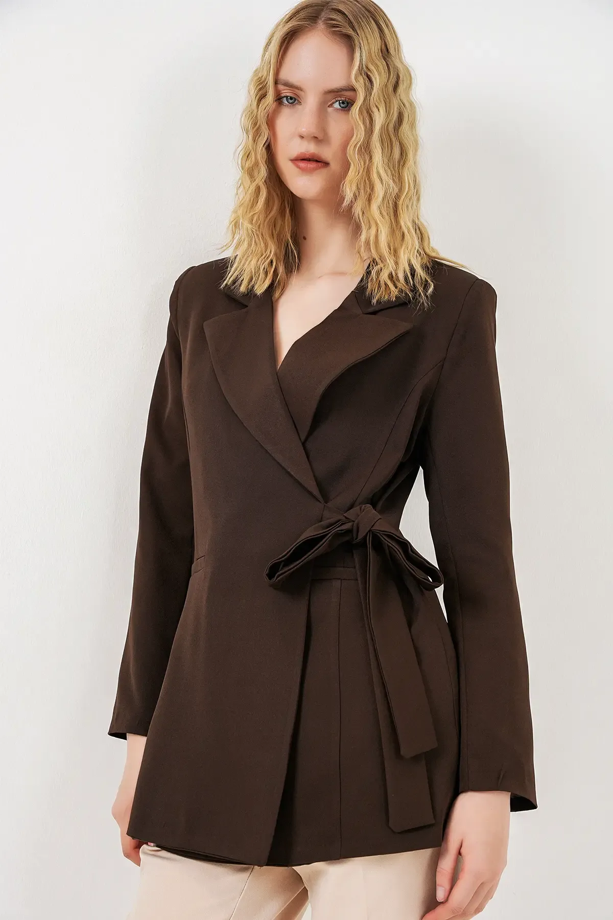 Kadın Yandan Bağlamalı Blazer Ceket 0750 - Kahverengi