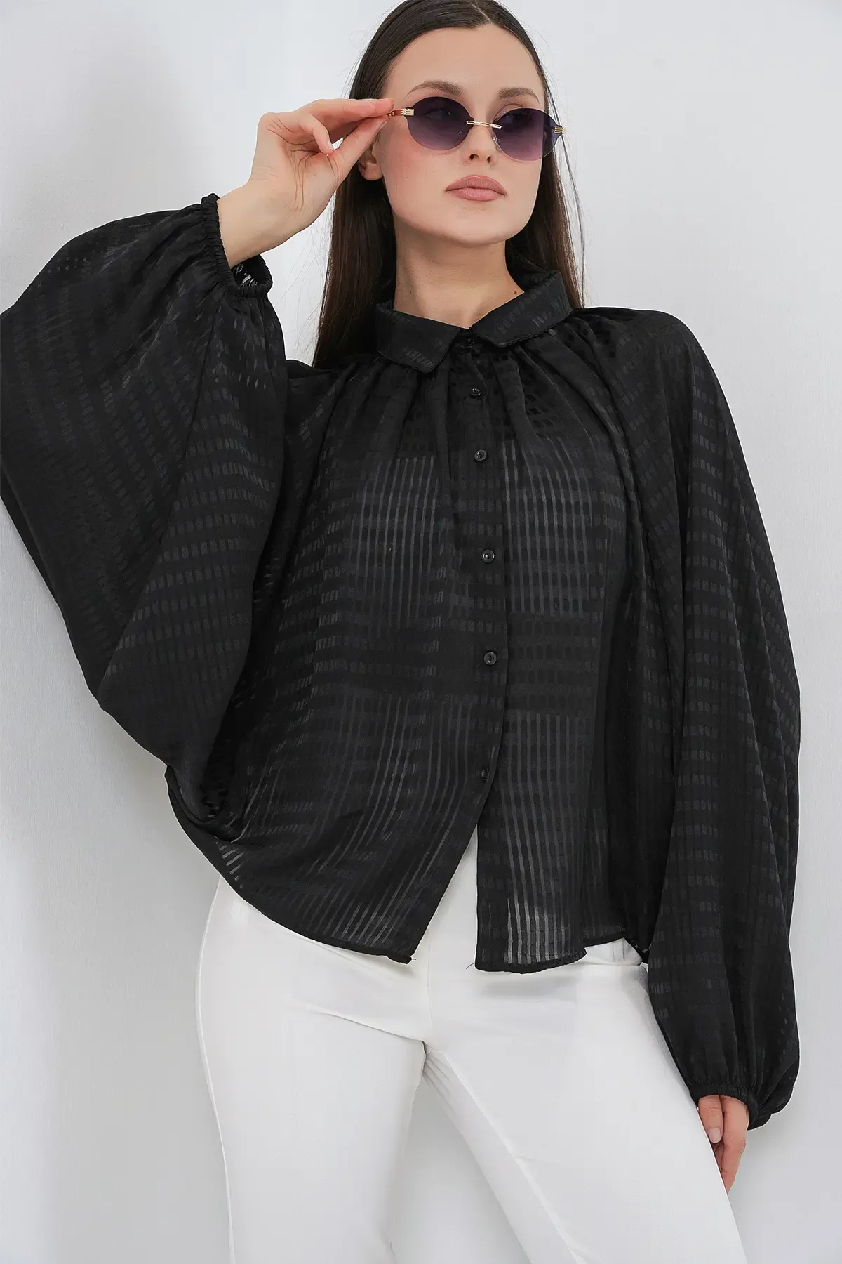 Kadın Yarasa Kol Oversize Gömlek 20368 - Siyah