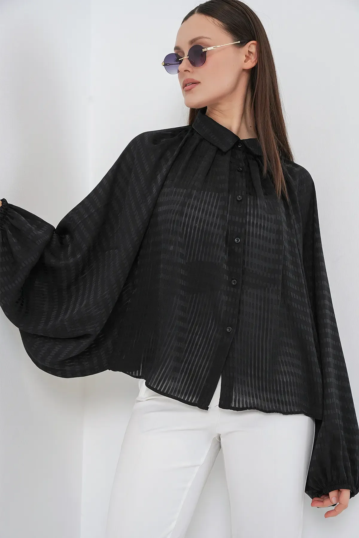 Kadın Yarasa Kol Oversize Gömlek 20368 - Siyah