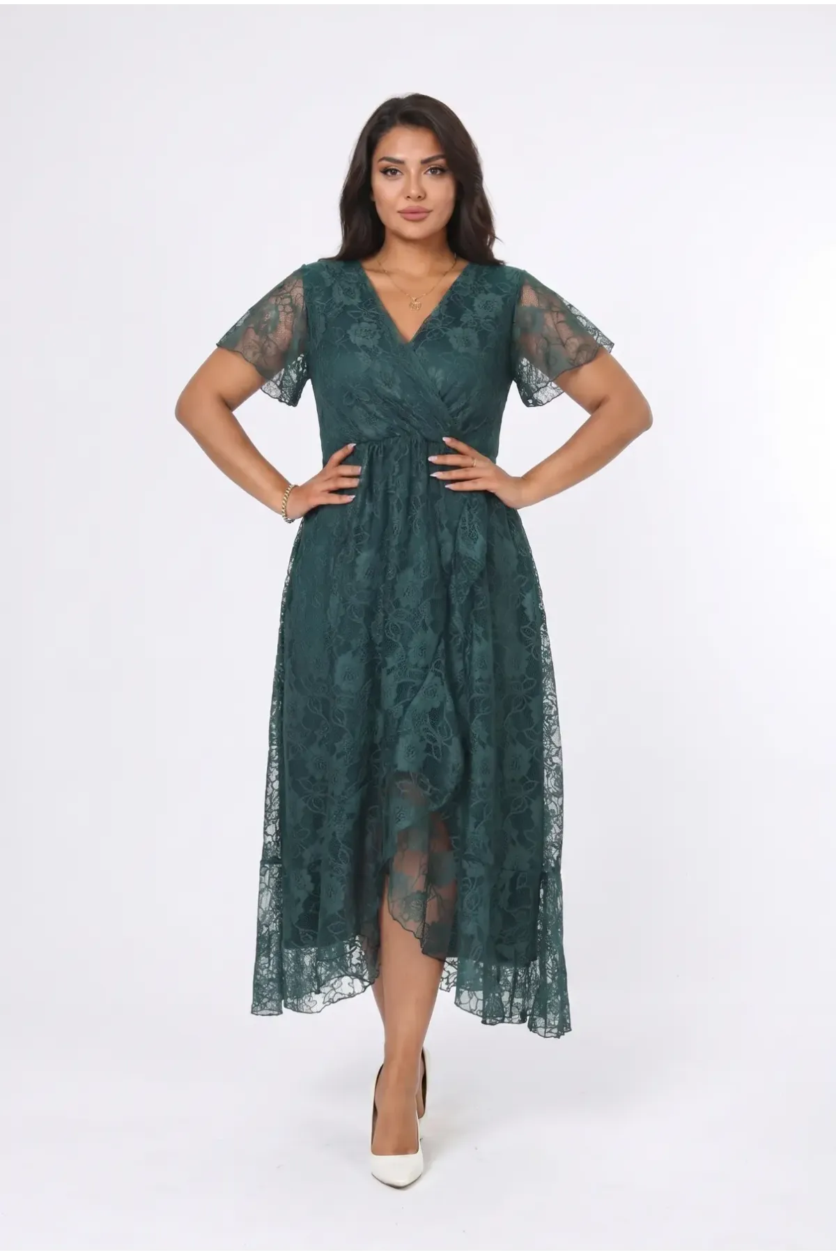 Kadın Yeşil Büyük Beden V Yaka Astarlı Dantel Detaylı Şık Abiye Elbise HZL26S-PR11071