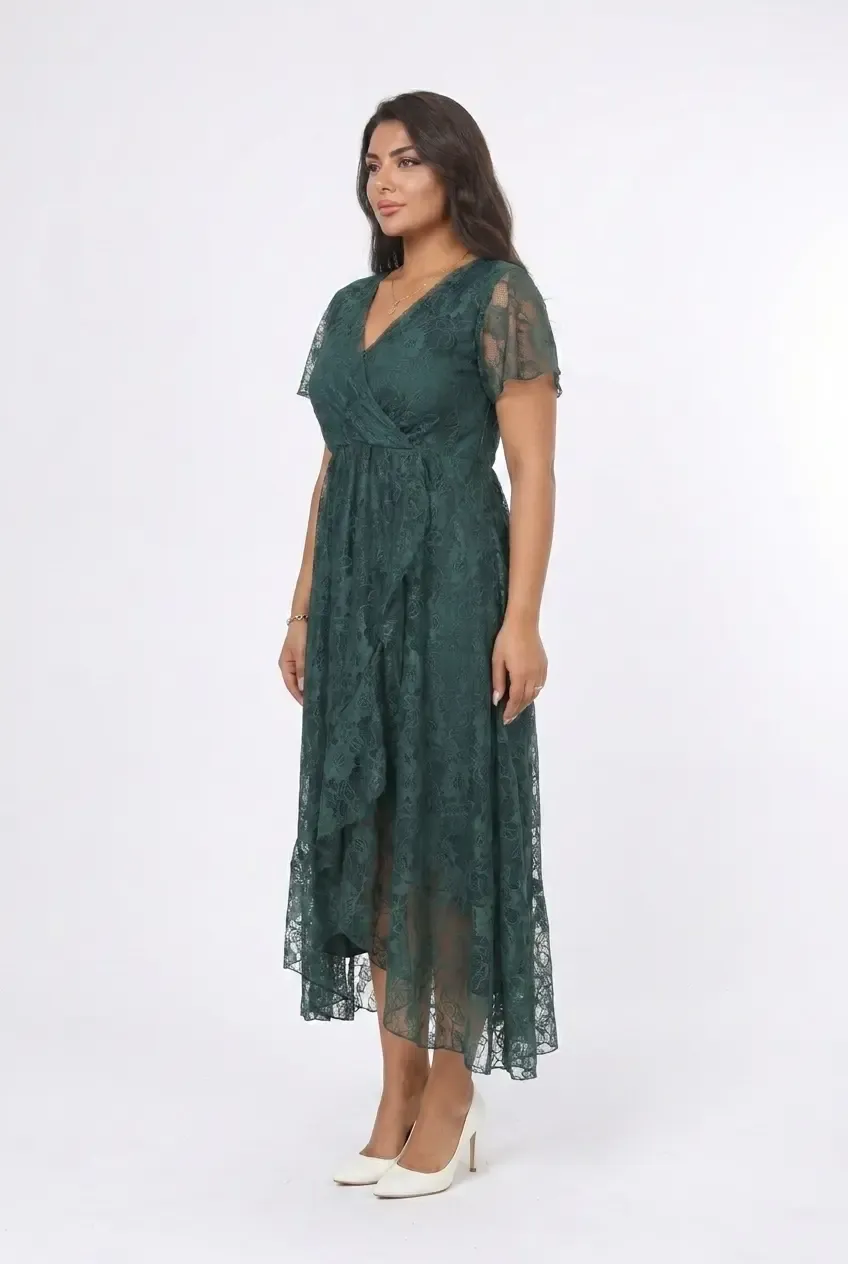 Kadın Yeşil Büyük Beden V Yaka Astarlı Dantel Detaylı Şık Abiye Elbise HZL26S-PR11071