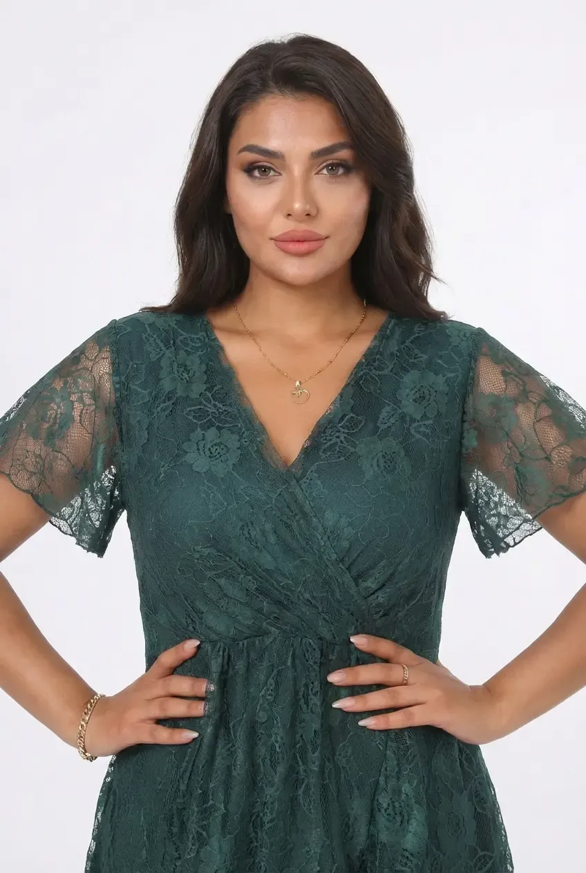 Kadın Yeşil Büyük Beden V Yaka Astarlı Dantel Detaylı Şık Abiye Elbise HZL26S-PR11071