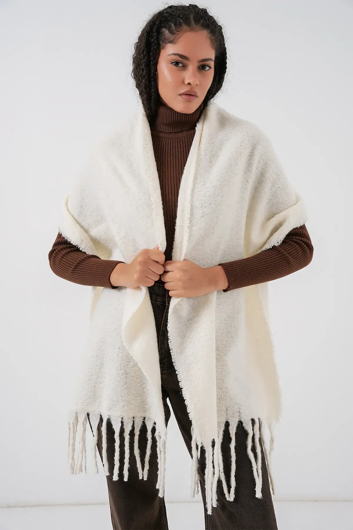 Kadın Yumuşak Dokulu Kalın Şal Atkı 15951 - Ekru