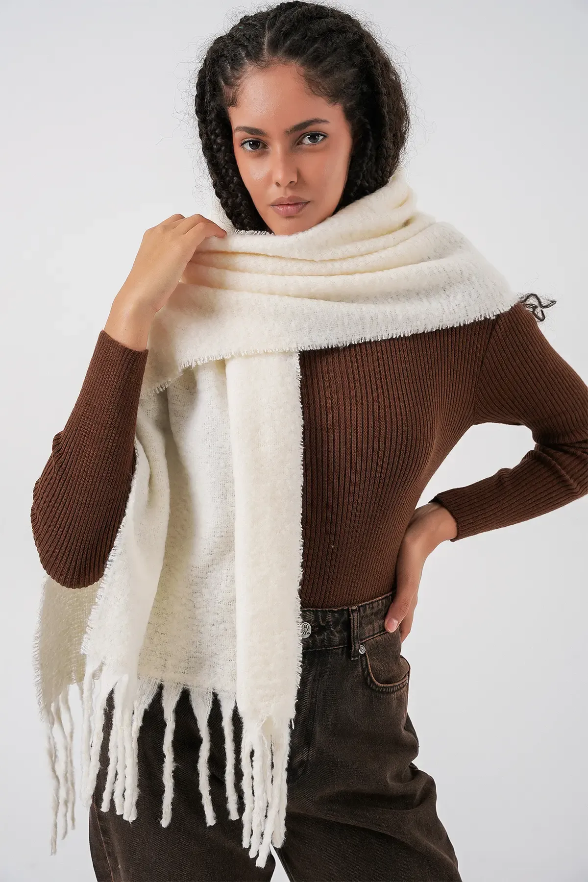 Kadın Yumuşak Dokulu Kalın Şal Atkı 15951 - Ekru