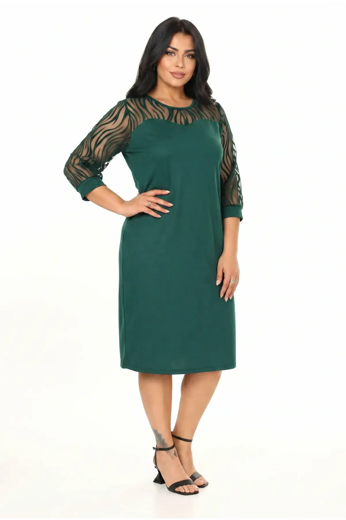 Kadın Zümrüt Yeşil Büyük Beden Flok Kol Elbise HZL26S-PR11161