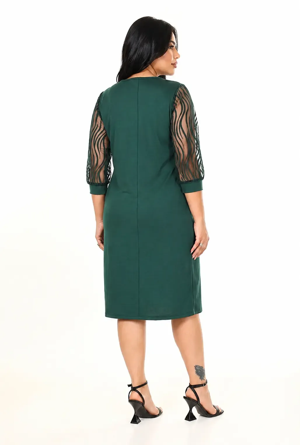 Kadın Zümrüt Yeşil Büyük Beden Flok Kol Elbise HZL26S-PR11161