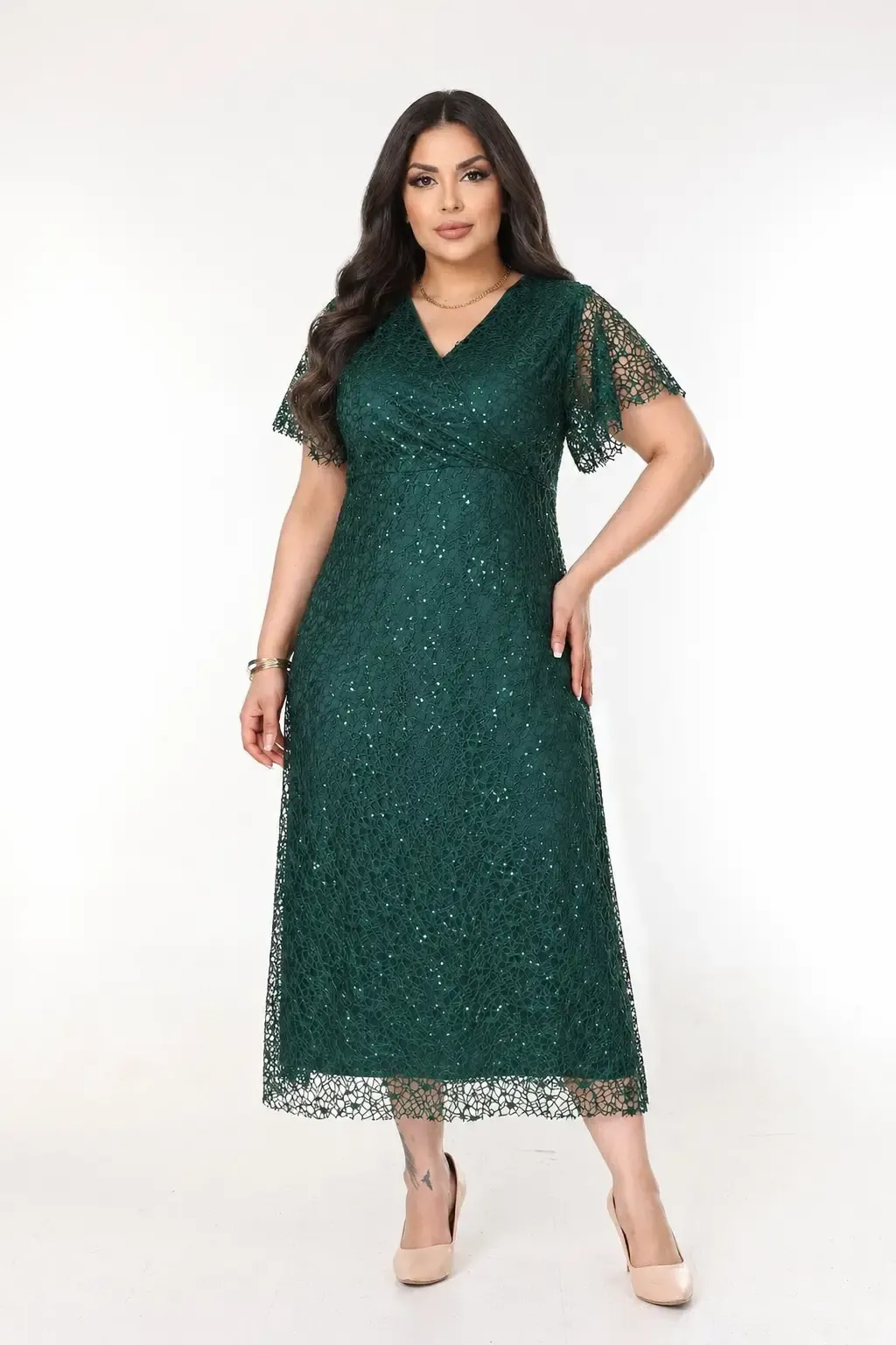 Kadın Zümrüt Yeşil Büyük Beden Kruvaze Yaka Payetli Abiye Elbise HZL26S-PR11171