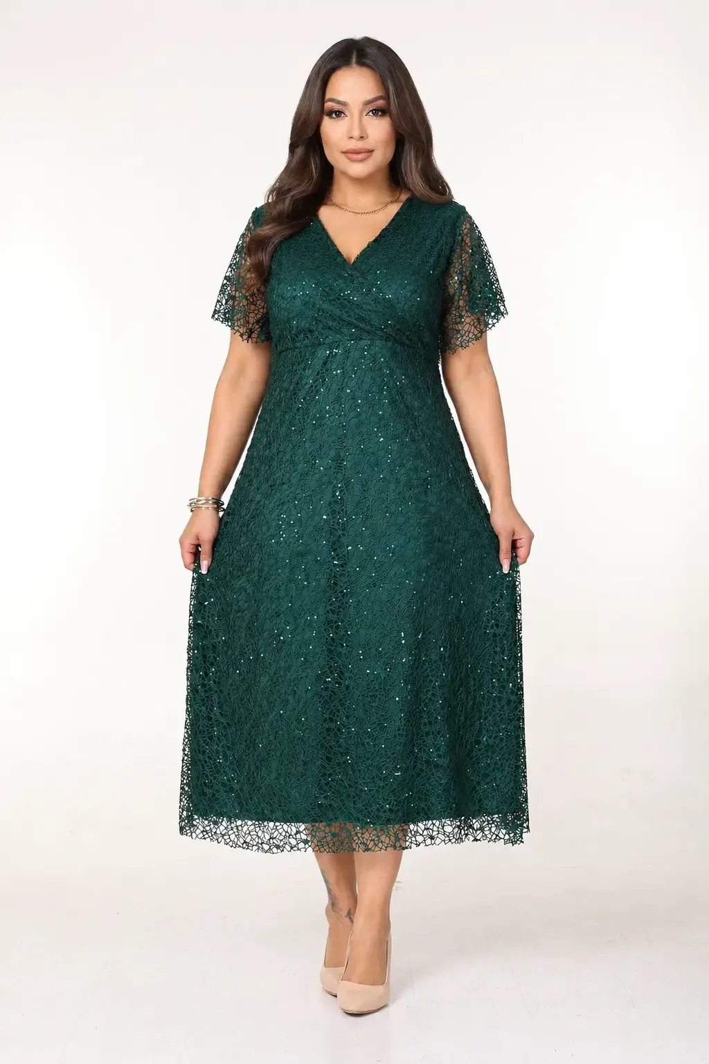 Kadın Zümrüt Yeşil Büyük Beden Kruvaze Yaka Payetli Abiye Elbise HZL26S-PR11171