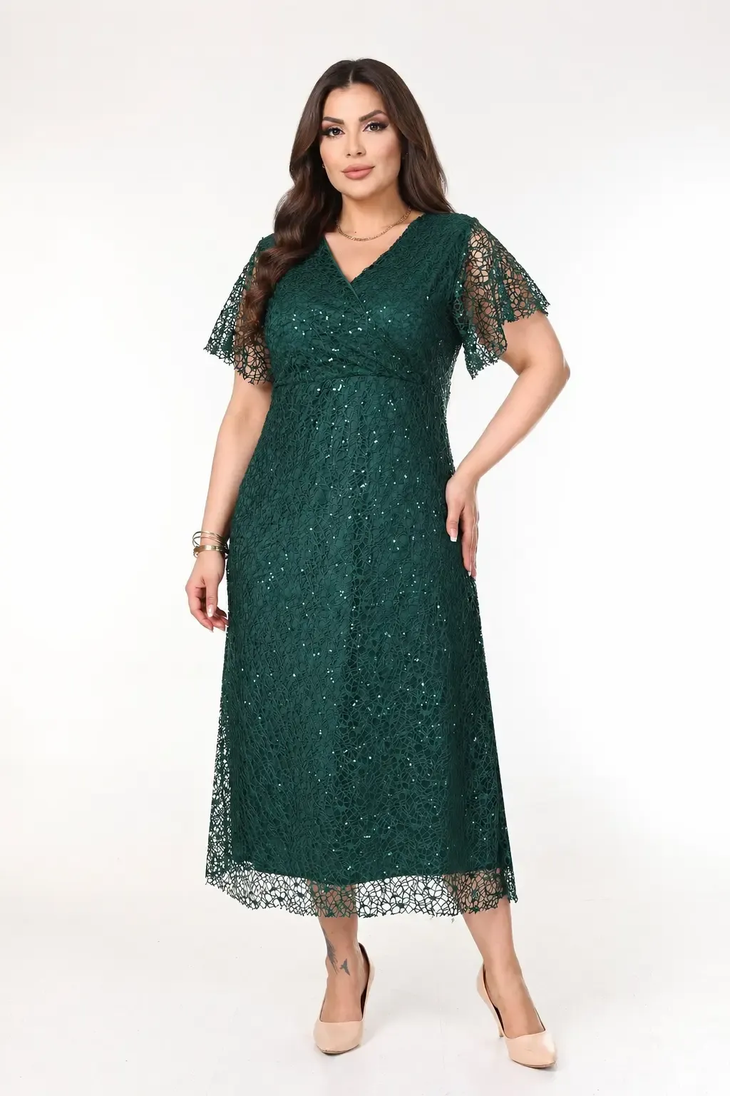Kadın Zümrüt Yeşil Büyük Beden Kruvaze Yaka Payetli Abiye Elbise HZL26S-PR11171