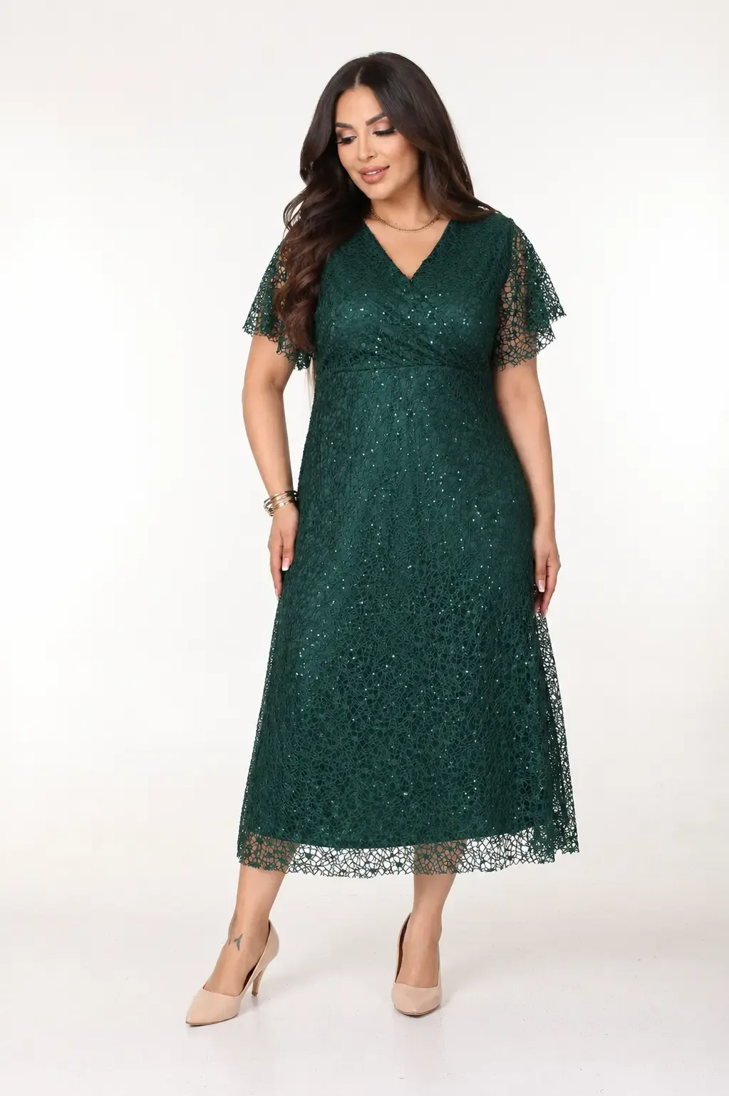 Kadın Zümrüt Yeşil Büyük Beden Kruvaze Yaka Payetli Abiye Elbise HZL26S-PR11171