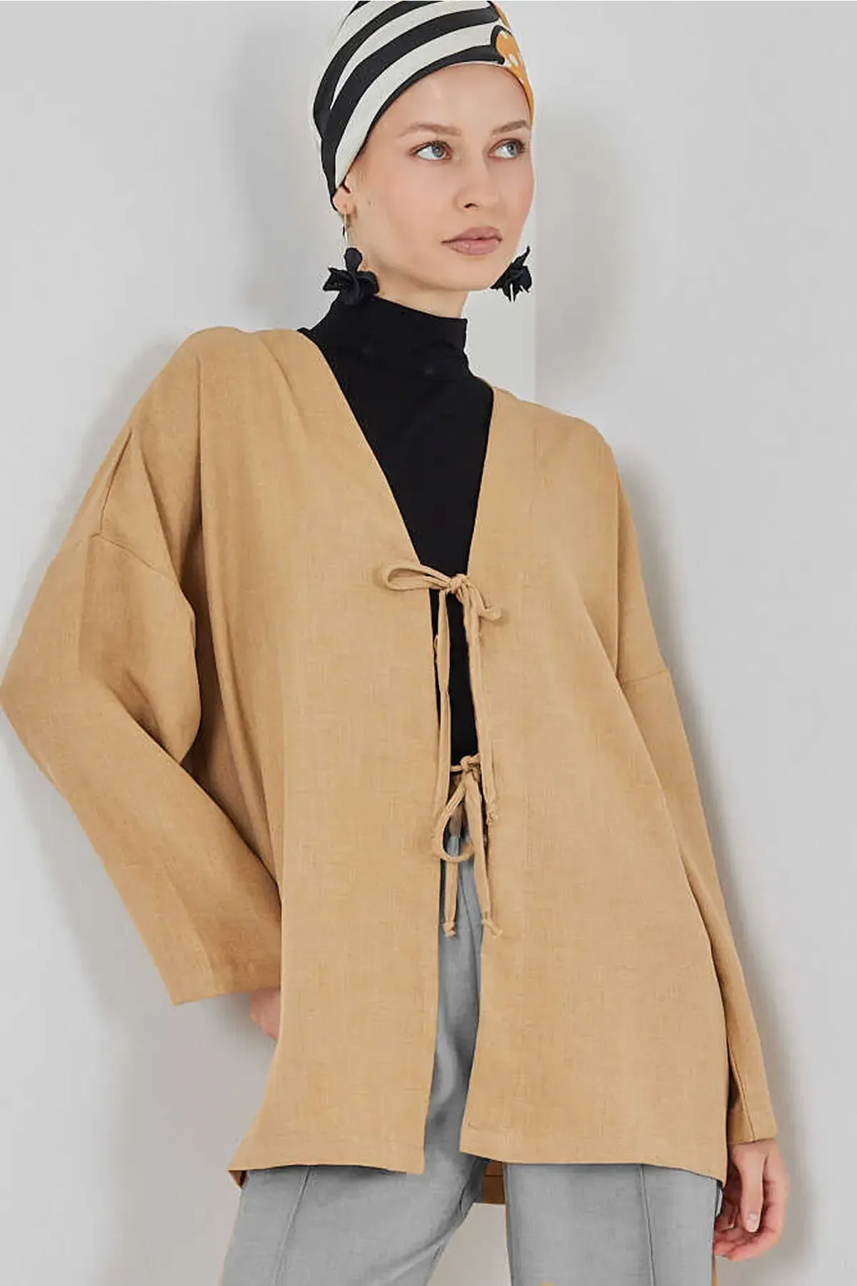 Keten Tesettür Kimono 5968 - Camel