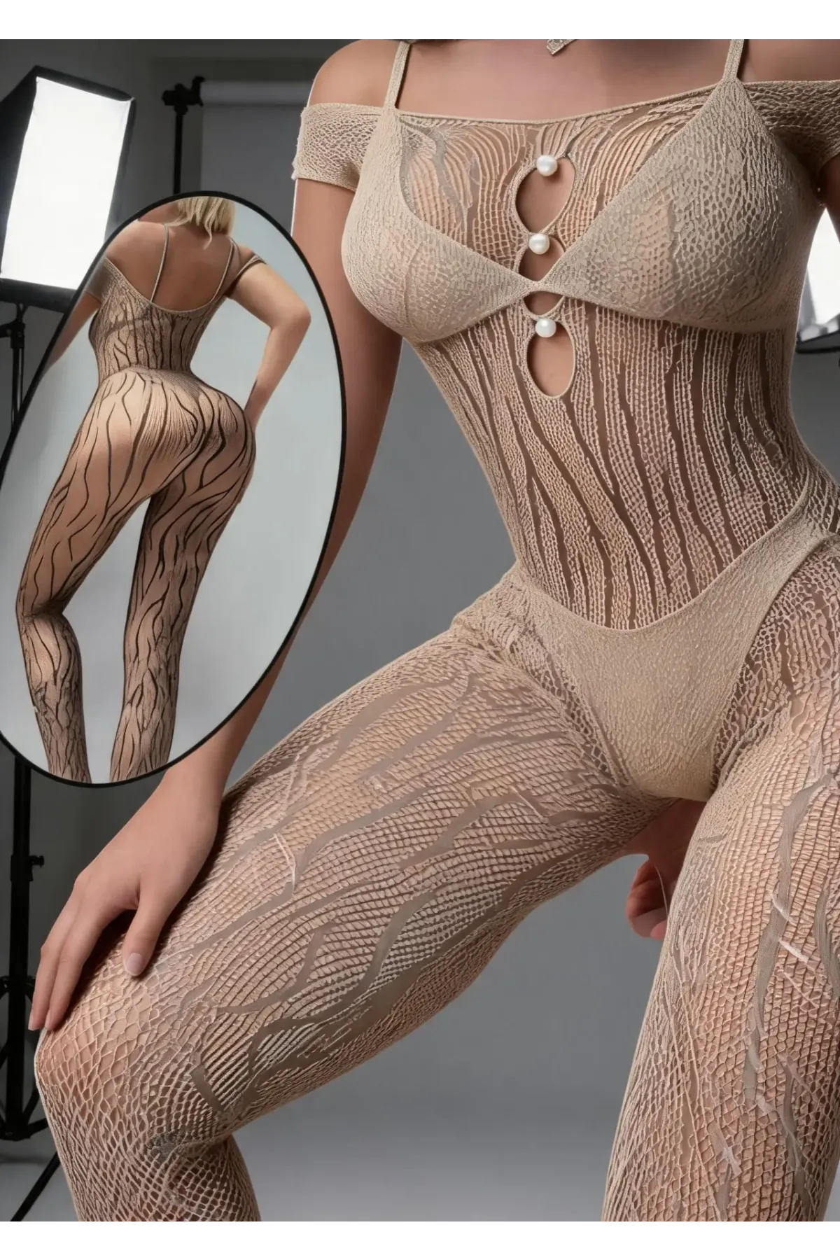 Kadın Bej İnci Detaylı Transparan Desenli File Vücut Saran Fantazi Bodystocking HZL26S-LC181