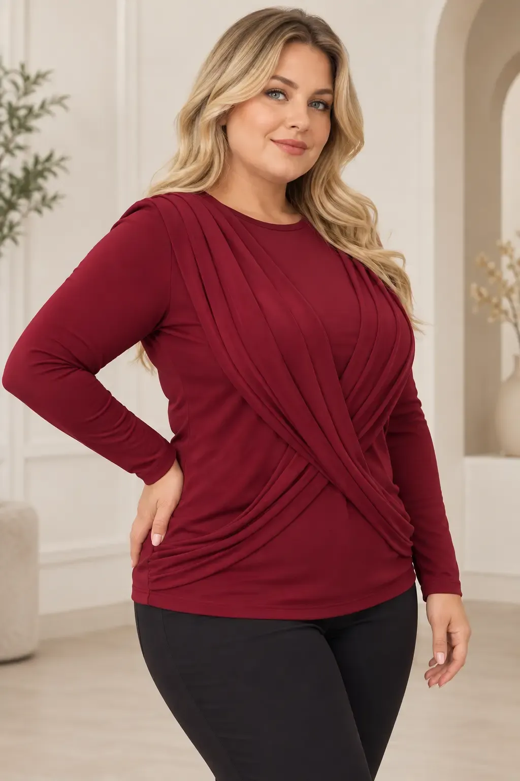 Kadın Bordo Bisiklet Yaka Çapraz Drape Detaylı Uzun Kollu Bluz HZL28W-ZSS1150