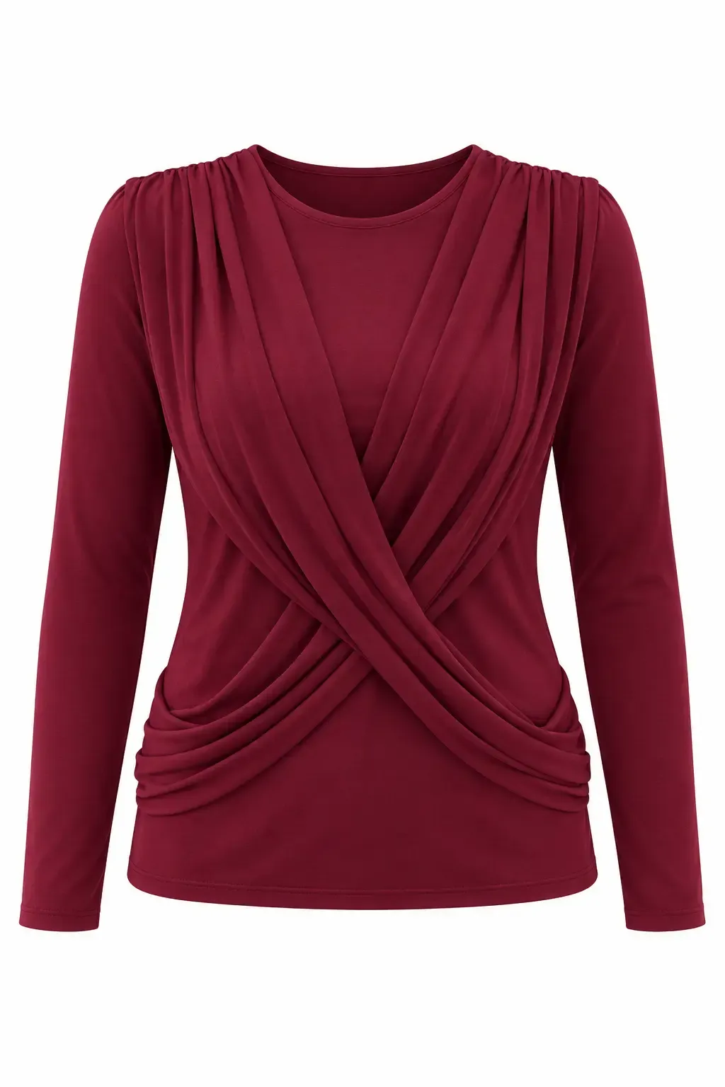 Kadın Bordo Bisiklet Yaka Çapraz Drape Detaylı Uzun Kollu Bluz HZL28W-ZSS1150