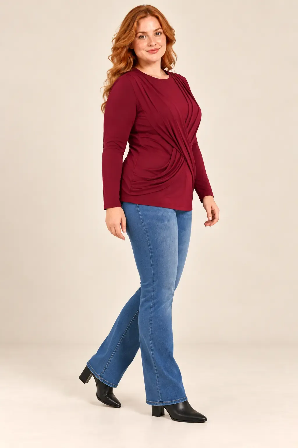 Kadın Bordo Büyük Beden Bisiklet Yaka Çapraz Drape Detaylı Uzun Kollu Bluz HZL28W-ZSS1150