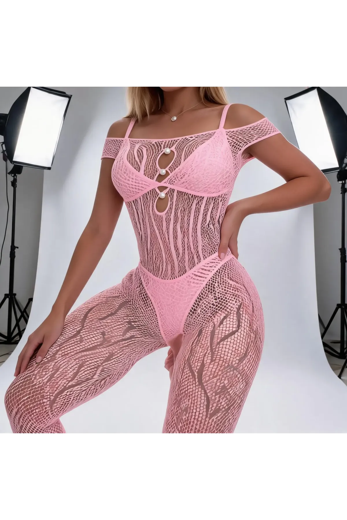 Kadın Bordo İnci Detaylı Transparan Desenli File Vücut Saran Fantazi Bodystocking HZL26S-LC181