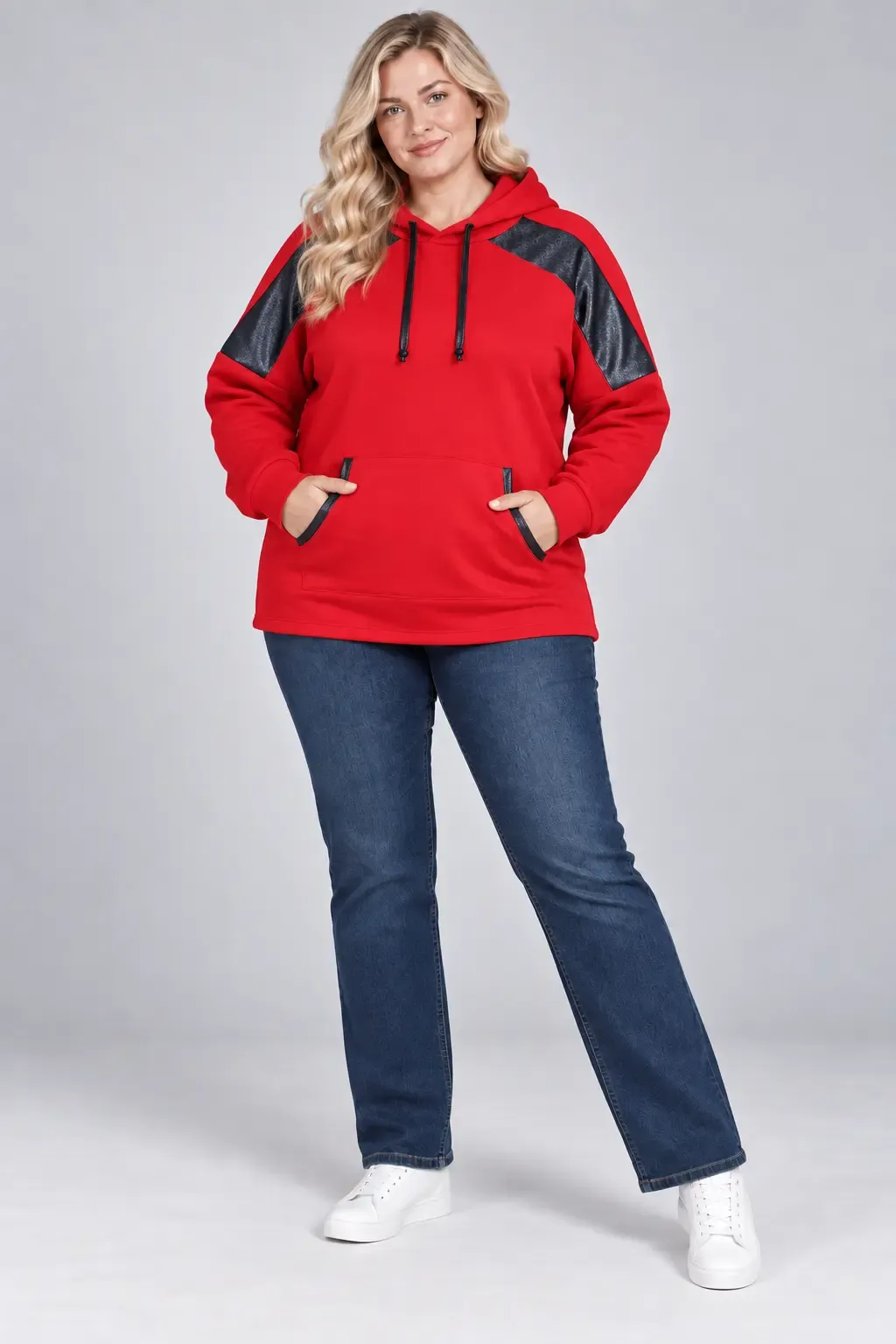Kadın Büyük Beden Kırmızı Kapüşonlu Kontrast Garnili Kanguru Cepli Sweatshirt HZL28S-RZB208