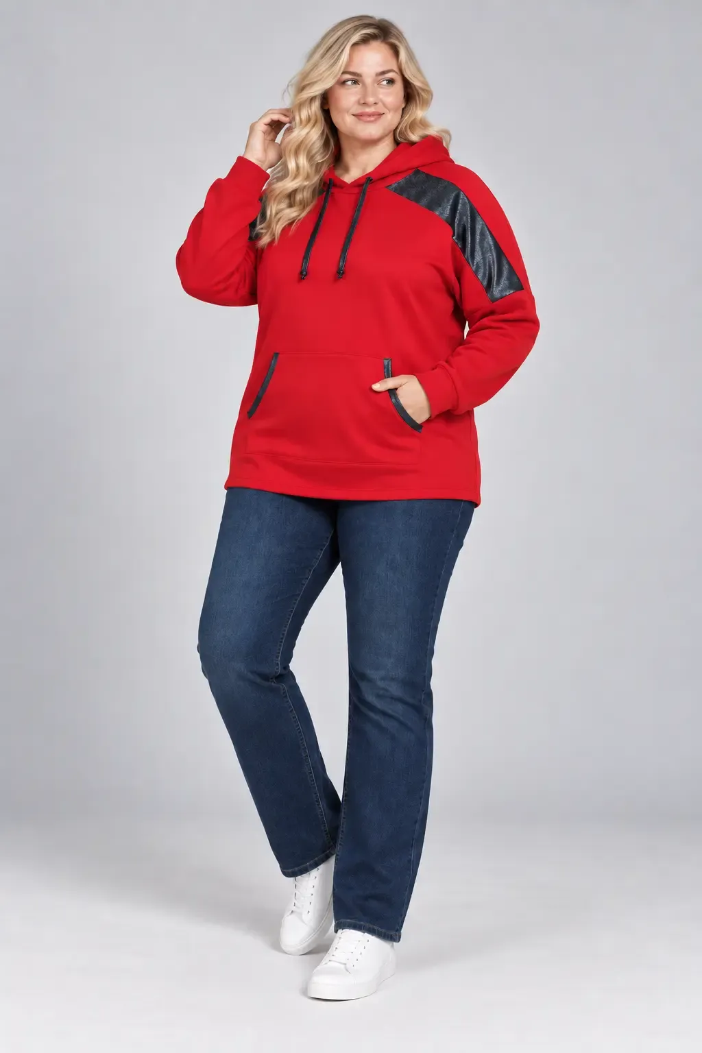 Kadın Büyük Beden Kırmızı Kapüşonlu Kontrast Garnili Kanguru Cepli Sweatshirt HZL28S-RZB208
