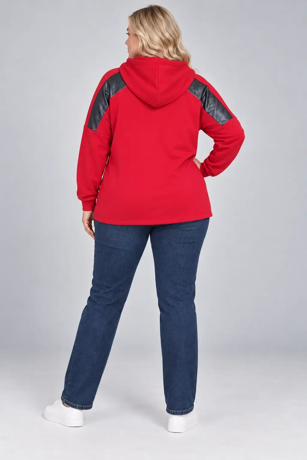 Kadın Büyük Beden Kırmızı Kapüşonlu Kontrast Garnili Kanguru Cepli Sweatshirt HZL28S-RZB208