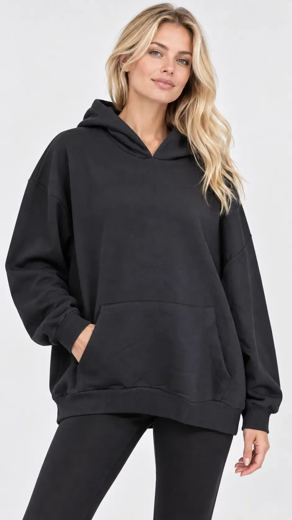 Kadın Büyük Beden Siyah Kapüşonlu Kanguru Cepli Oversize Sweatshirt HZL28S-RZB210