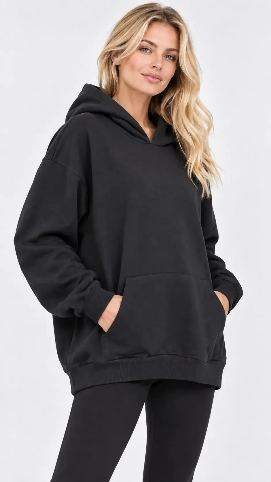 Kadın Büyük Beden Siyah Kapüşonlu Kanguru Cepli Oversize Sweatshirt HZL28S-RZB210