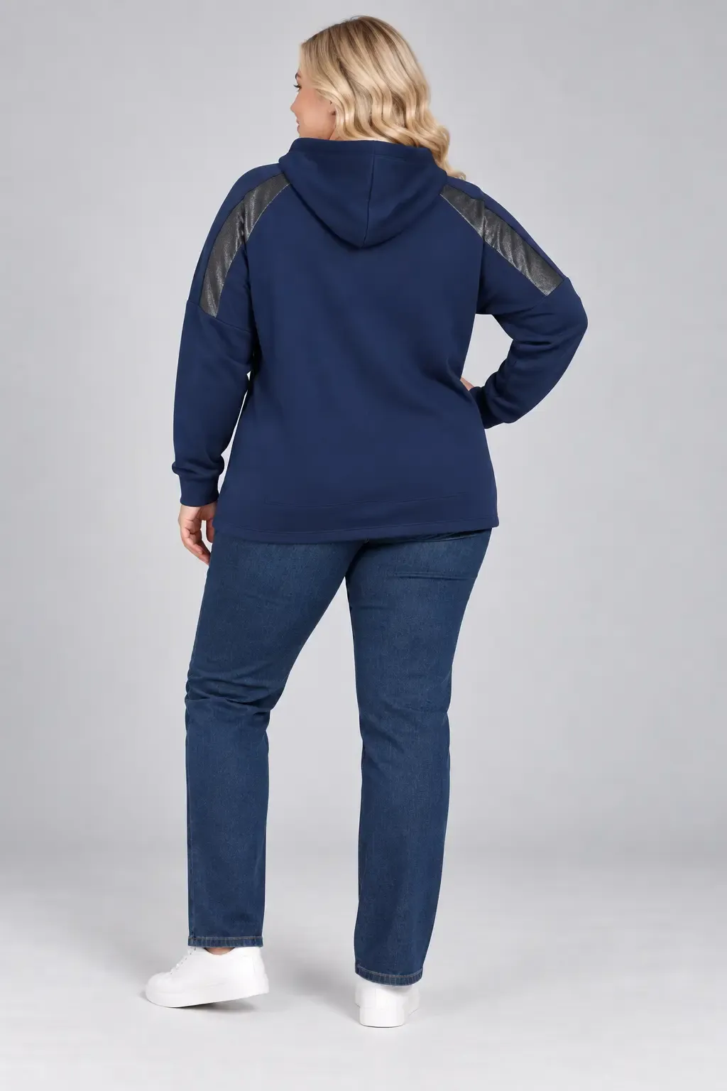 Kadın Büyük Beden Siyah Kapüşonlu Kontrast Garnili Kanguru Cepli Sweatshirt HZL28S-RZB208