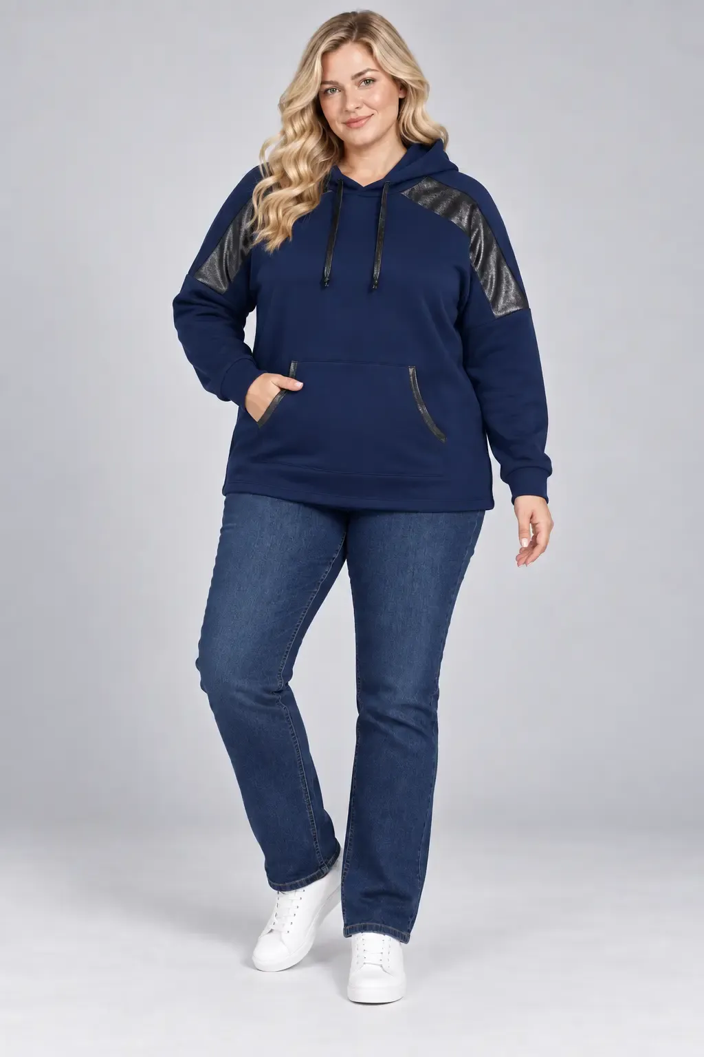 Kadın Büyük Beden Siyah Kapüşonlu Kontrast Garnili Kanguru Cepli Sweatshirt HZL28S-RZB208