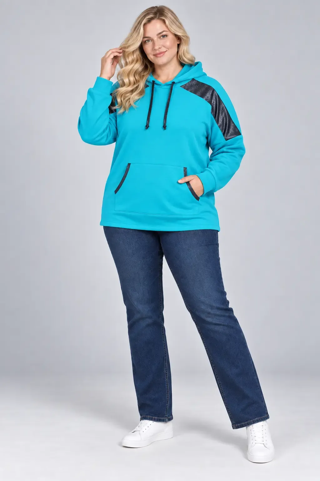 Kadın Büyük Beden Turkuaz Kapüşonlu Kontrast Garnili Kanguru Cepli Sweatshirt HZL28S-RZB208