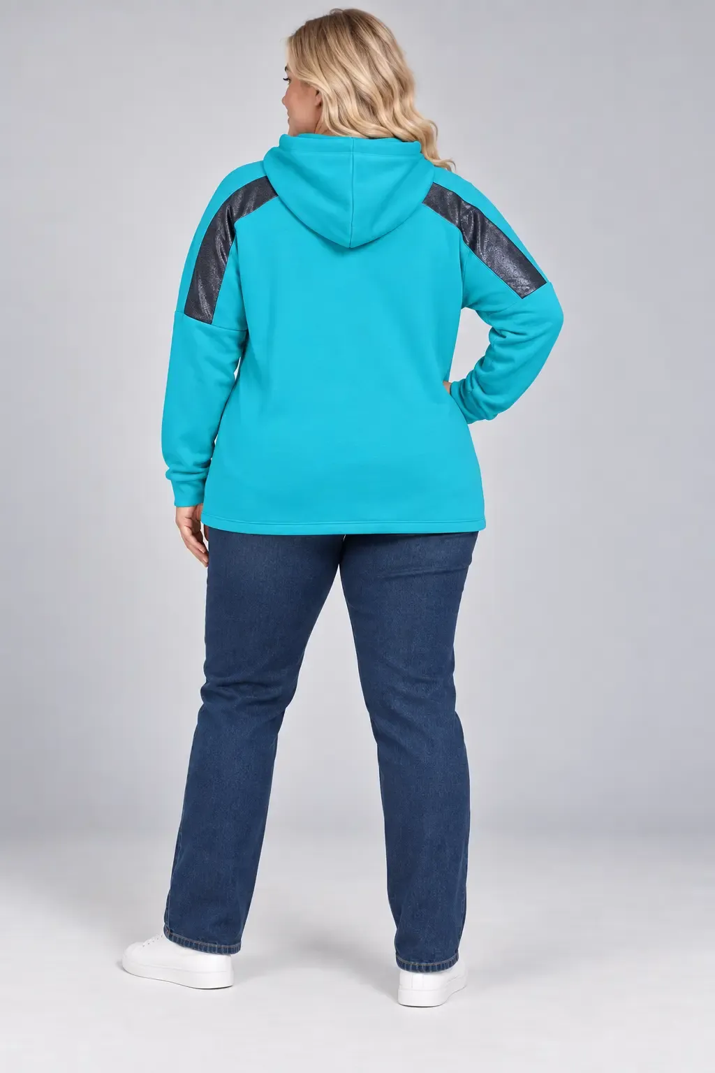 Kadın Büyük Beden Turkuaz Kapüşonlu Kontrast Garnili Kanguru Cepli Sweatshirt HZL28S-RZB208