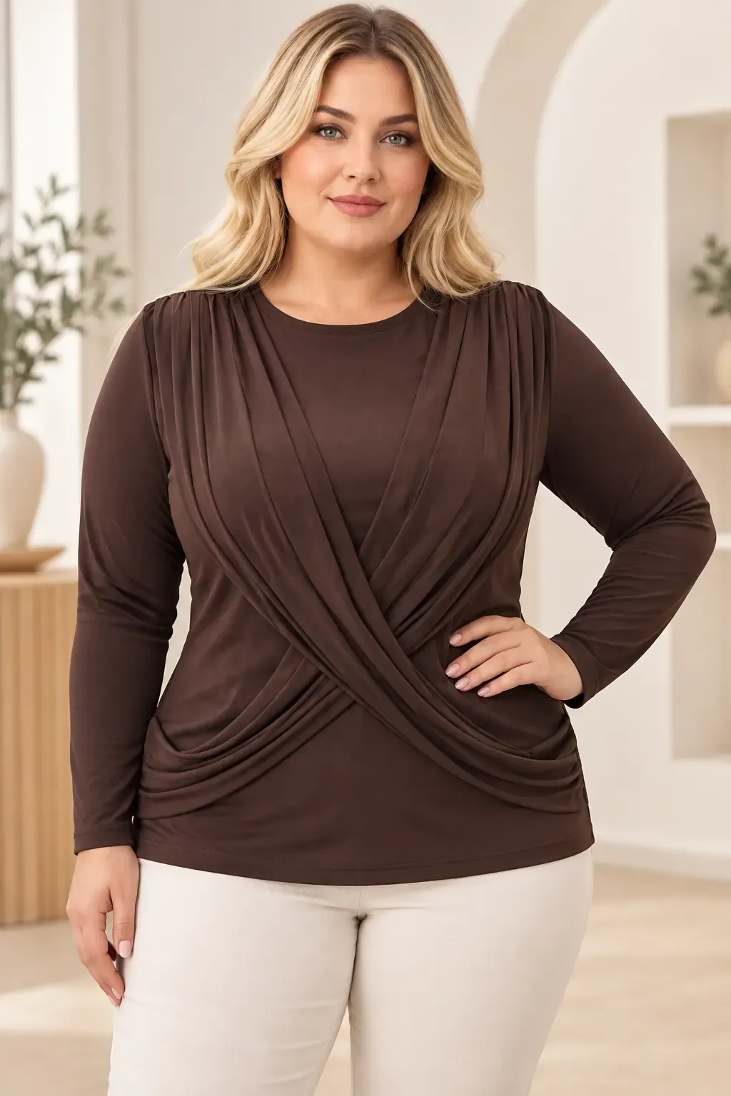 Kadın Kahverengi Bisiklet Yaka Çapraz Drape Detaylı Uzun Kollu Bluz HZL28W-ZSS1150