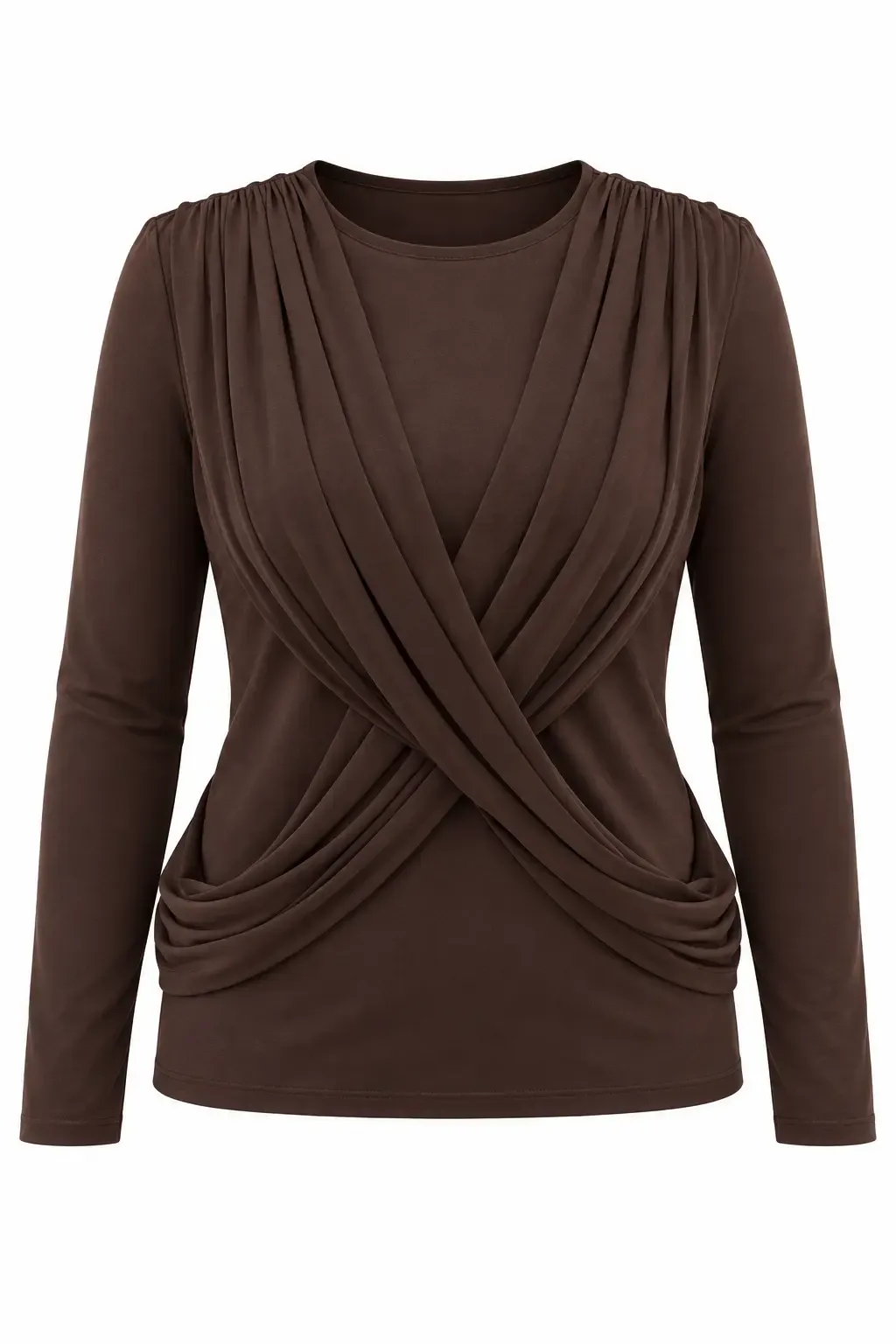 Kadın Kahverengi Bisiklet Yaka Çapraz Drape Detaylı Uzun Kollu Bluz HZL28W-ZSS1150