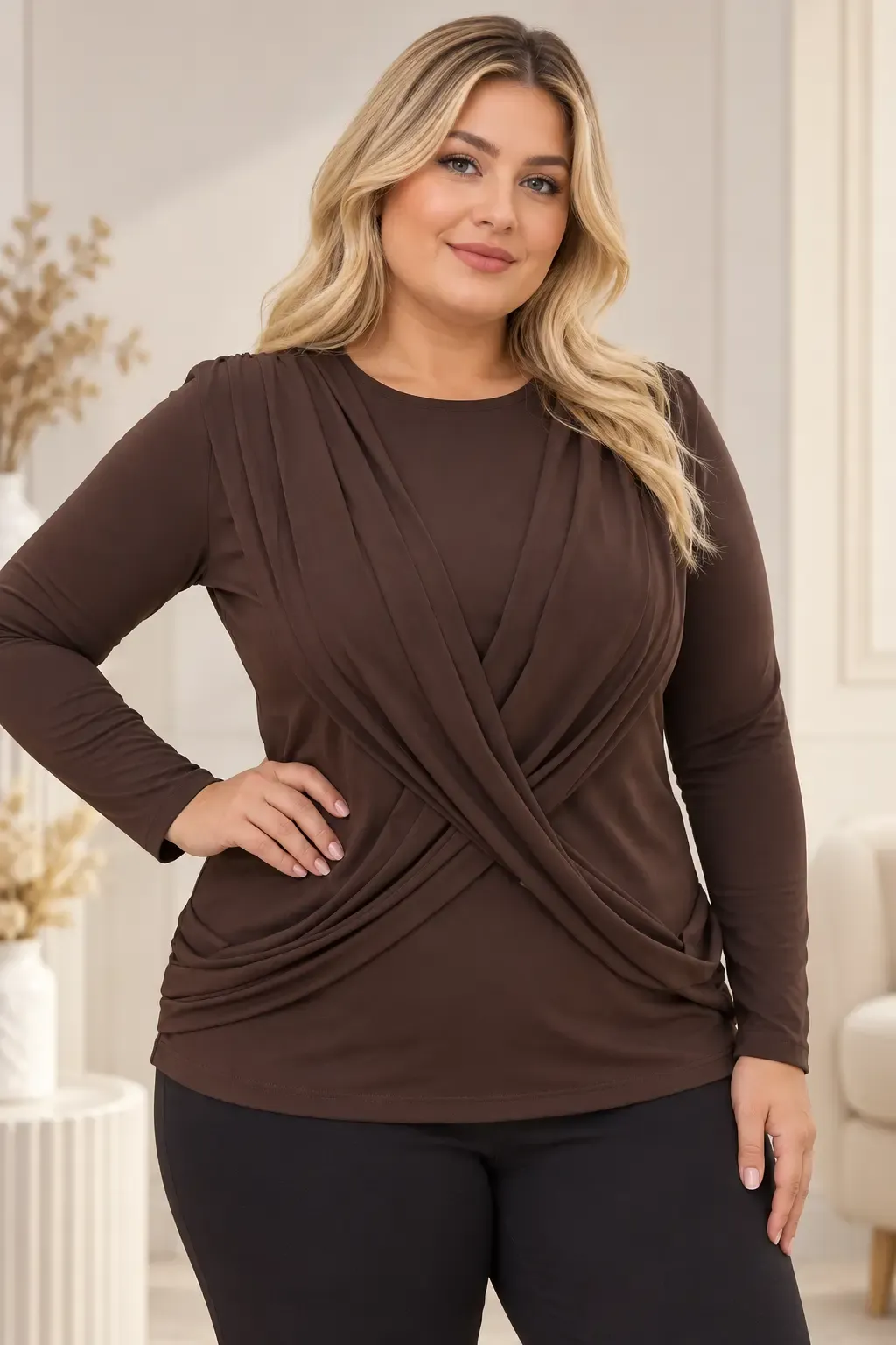 Kadın Kahverengi Bisiklet Yaka Çapraz Drape Detaylı Uzun Kollu Bluz HZL28W-ZSS1150
