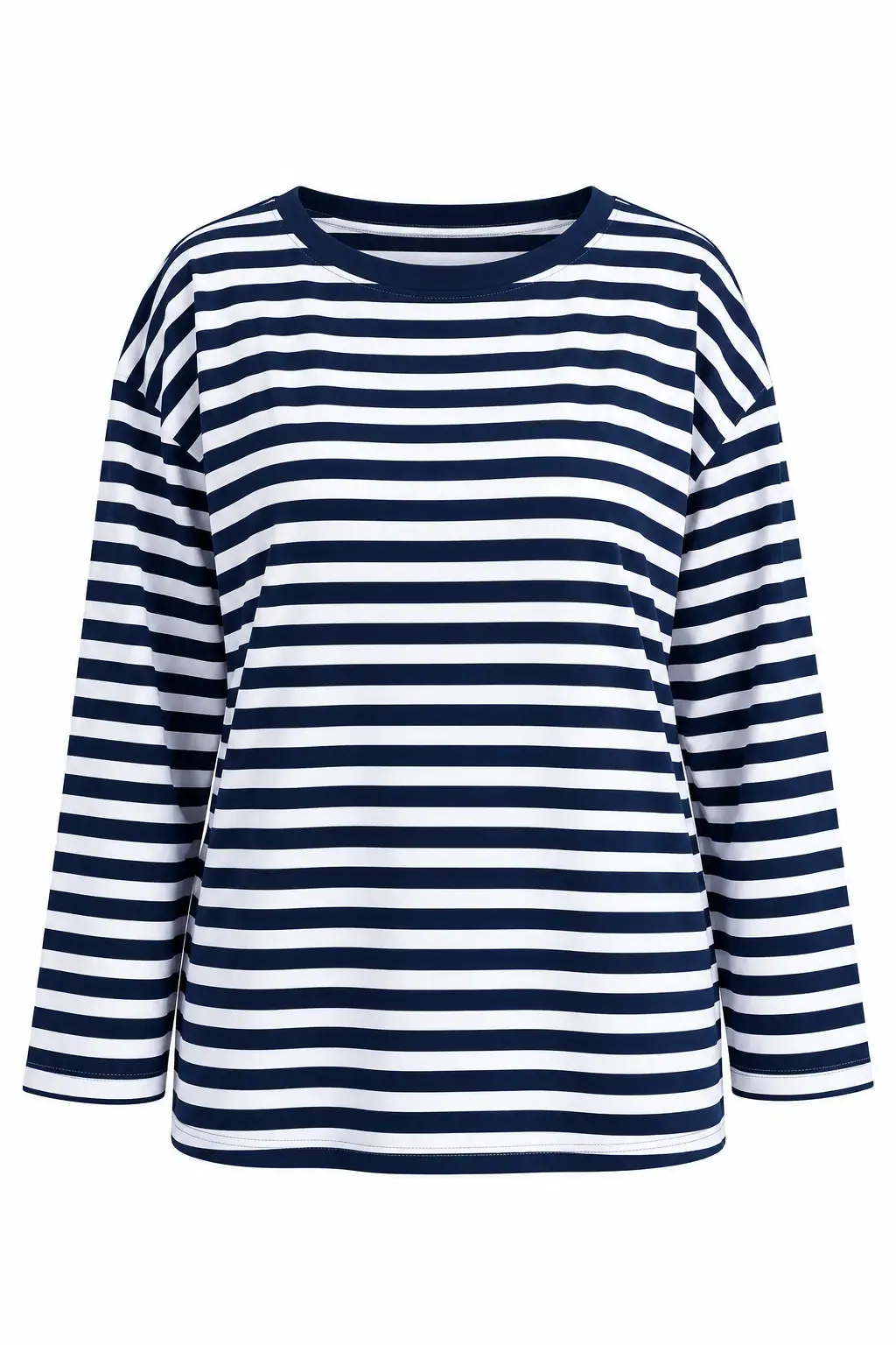 Kadın Lacivert Beyaz Çizgili Büyük Beden Bisiklet Yaka Düşük Omuz Oversize Bluz HZL26S-ZSS0504