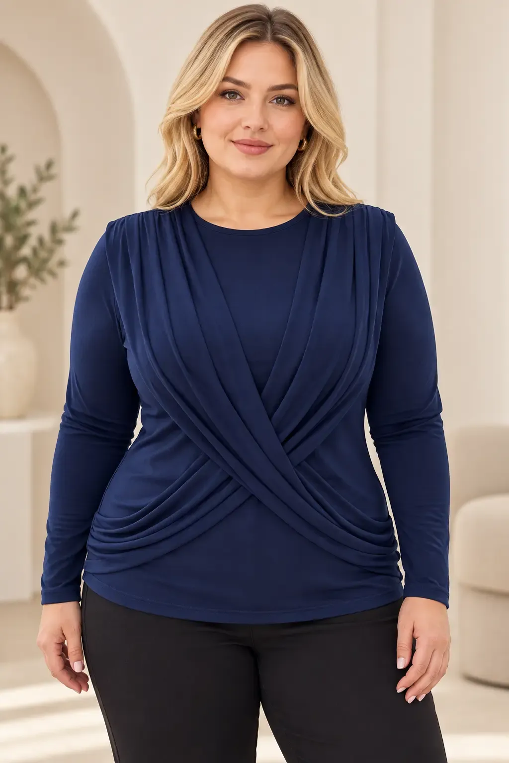 Kadın Lacivert Bisiklet Yaka Çapraz Drape Detaylı Uzun Kollu Bluz HZL28W-ZSS1150